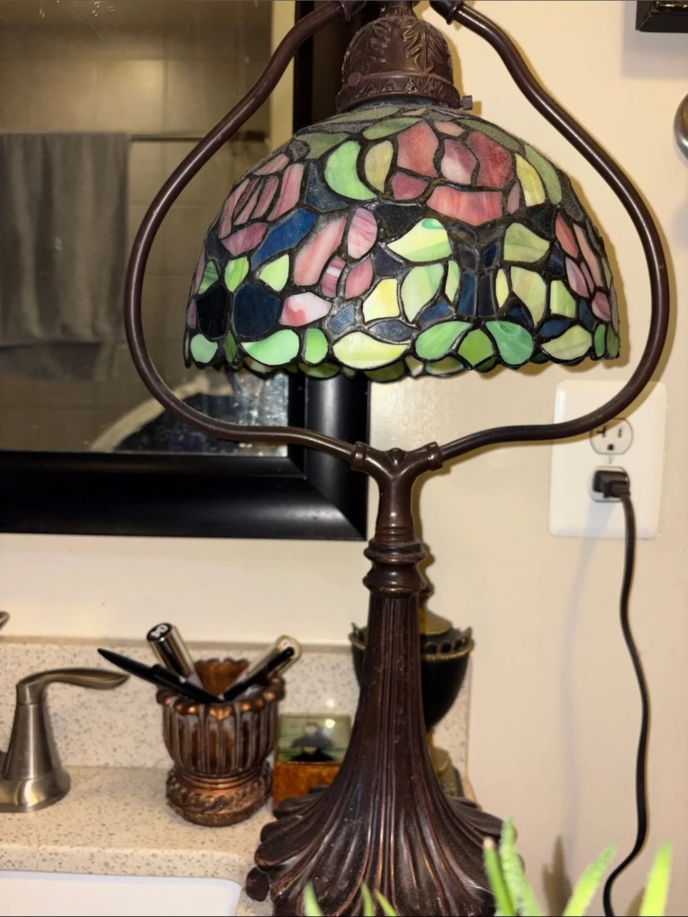 Mosaic Stained Glass Lamp with Pink, Green & Blue Shade